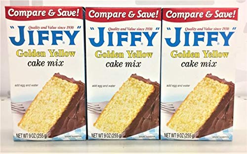 BVYY Jiffy Golden Yellow Cake Mix packaging, 9 oz packs, ideal for quick, homemade desserts.