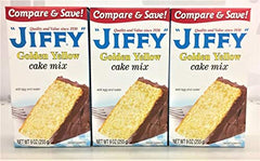 BVYY Jiffy Golden Yellow Cake Mix packaging, 9 oz packs, ideal for quick, homemade desserts.