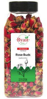 Byait freeze-dried rose buds in a jar front display offer vibrant color for teas.