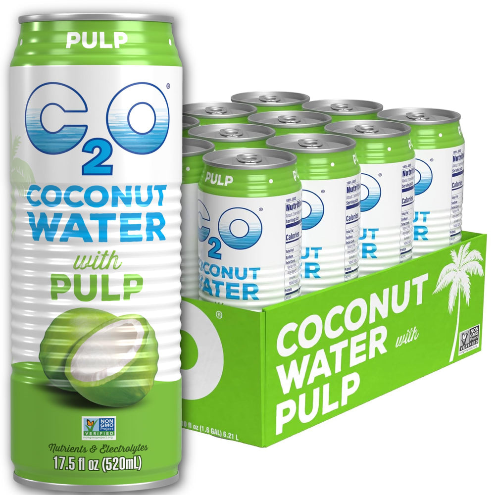 C2O coconut water with pulp 12-pack can front showing refreshing hydration