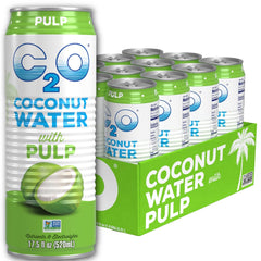 C2O coconut water with pulp 12-pack can front showing refreshing hydration