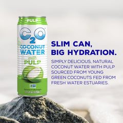 Side view of C2O coconut water with pulp 12-pack can