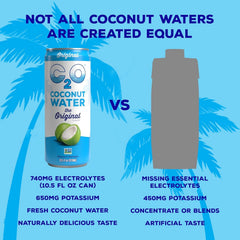 C2O Original coconut water 15-pack display, ideal for sharing and family trips.
