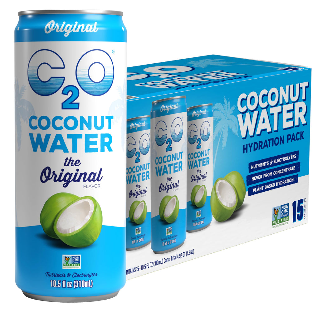 C2O Original coconut water can 15-pack, refreshing hydration for daily routines.