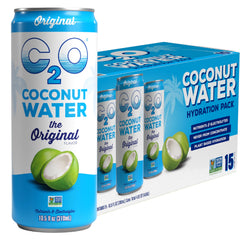 C2O Original coconut water can 15-pack, refreshing hydration for daily routines.