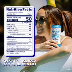 C2O Original coconut water can with glass of ice, refreshing sip