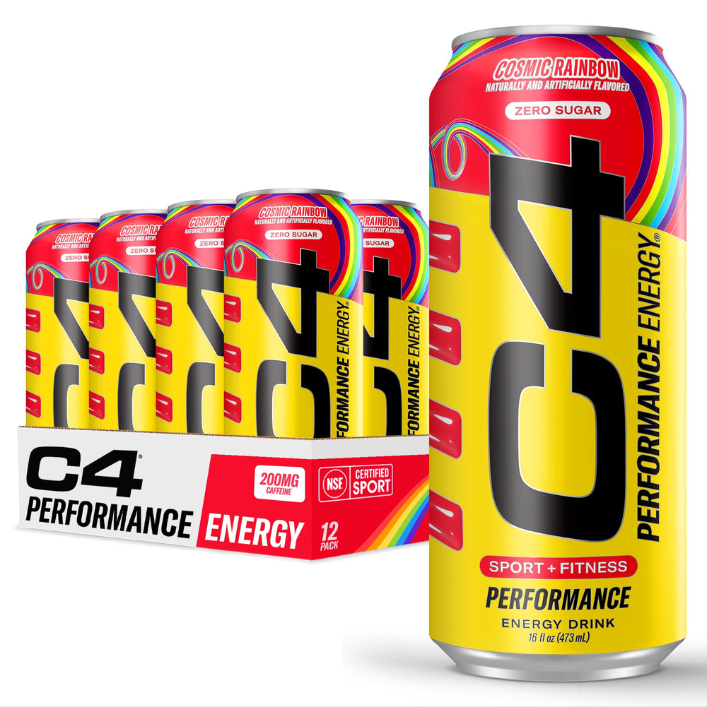 C4 Cosmic Rainbow can front view highlighting zero sugar energy for workouts