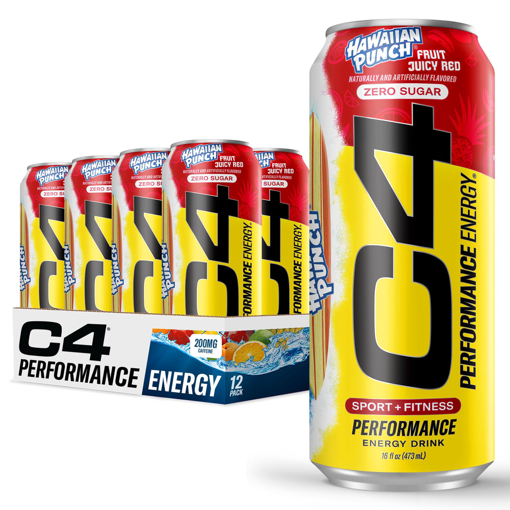 C4 Energy Hawaiian Punch can front view with vibrant color and sugar-free boost.