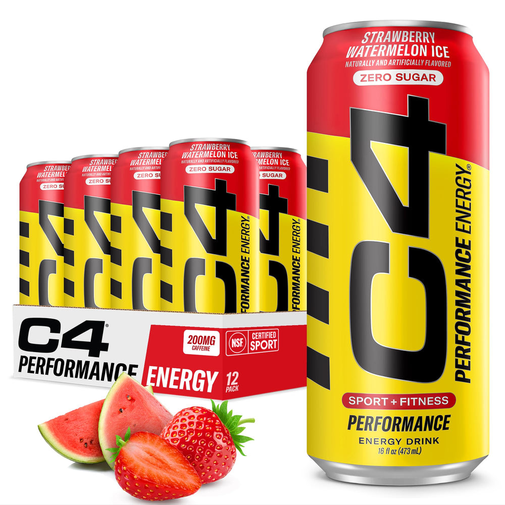 C4 Energy Strawberry Watermelon Ice 16oz bottle highlighting the flavor and energizing formula.