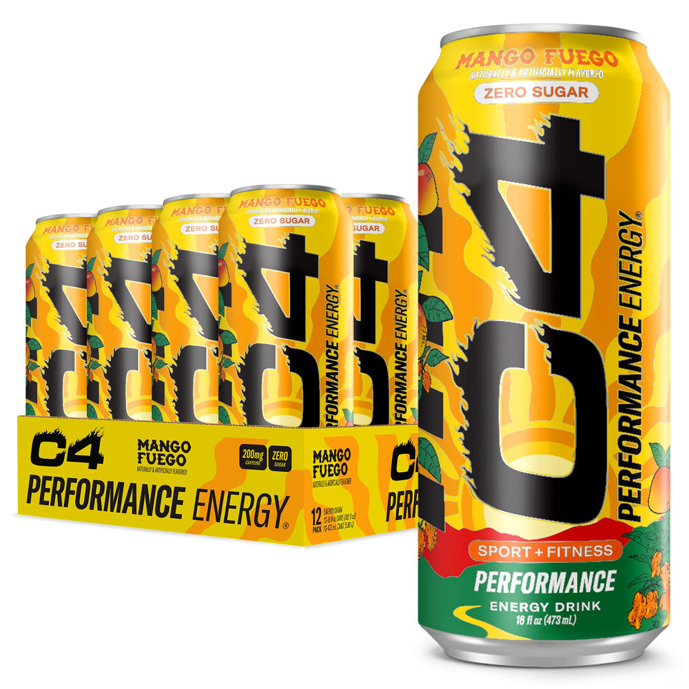 C4 Mango Fuego front of can with bold branding for quick energy.