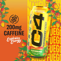 Ingredients panel of C4 Mango Fuego highlighting caffeine and beta-alanine.