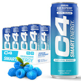 C4 Smart Energy Blue Raspberry can highlighting zero sugar and focus boost