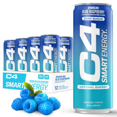 C4 Smart Energy Blue Raspberry can highlighting zero sugar and focus boost