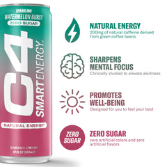 C4 Smart Energy Watermelon Burst can close-up on shelf for sugar-free energy.