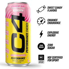Close-up of C4 Strawberry Blast can front with branding and flavor