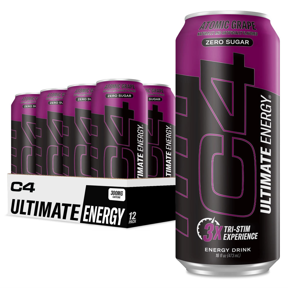 C4 Ultimate Energy Atomic Grape can front view, sugar-free pre-workout boost for workouts