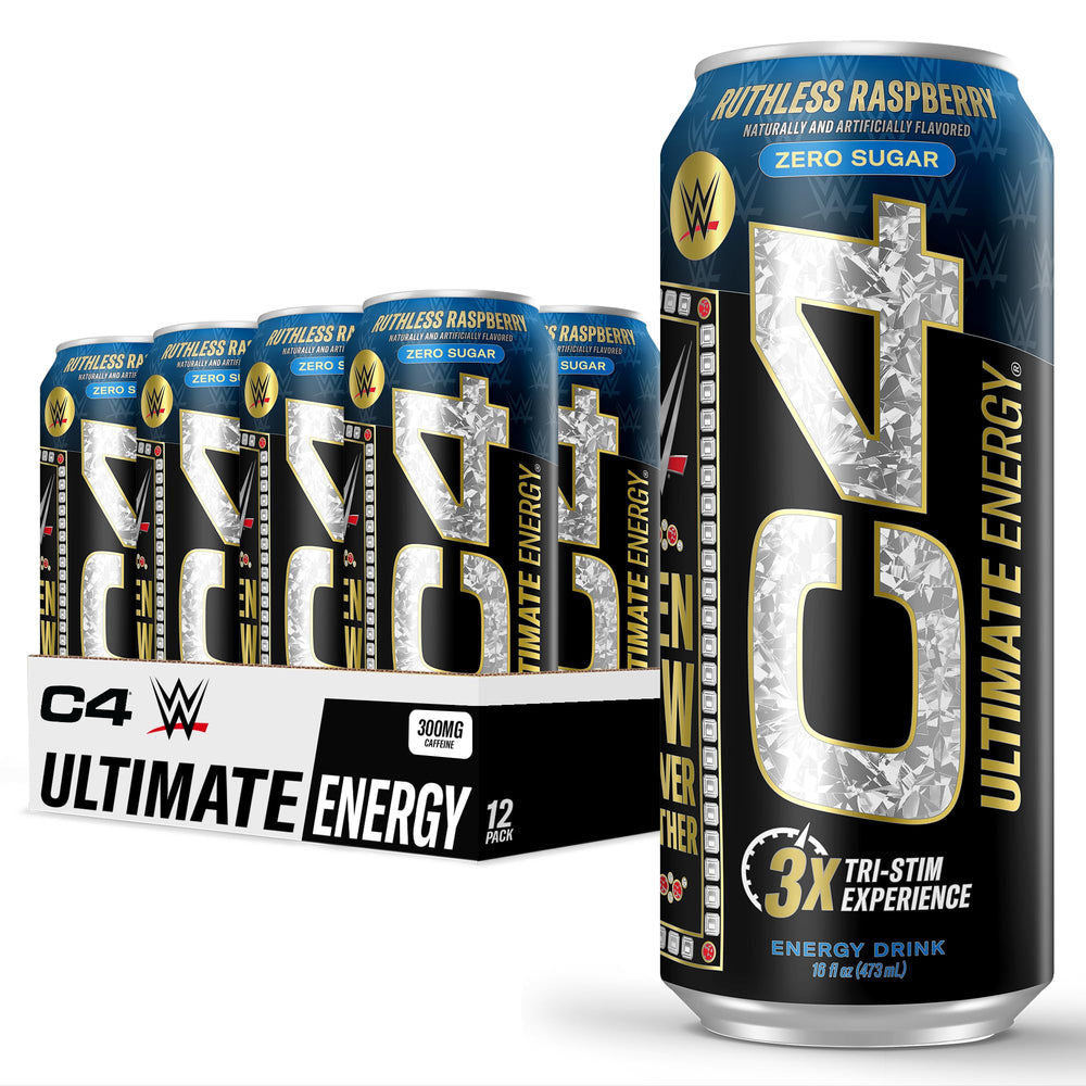 C4 Ultimate WWE Ruthless Raspberry pack shot showing zero sugar and bold flavor.
