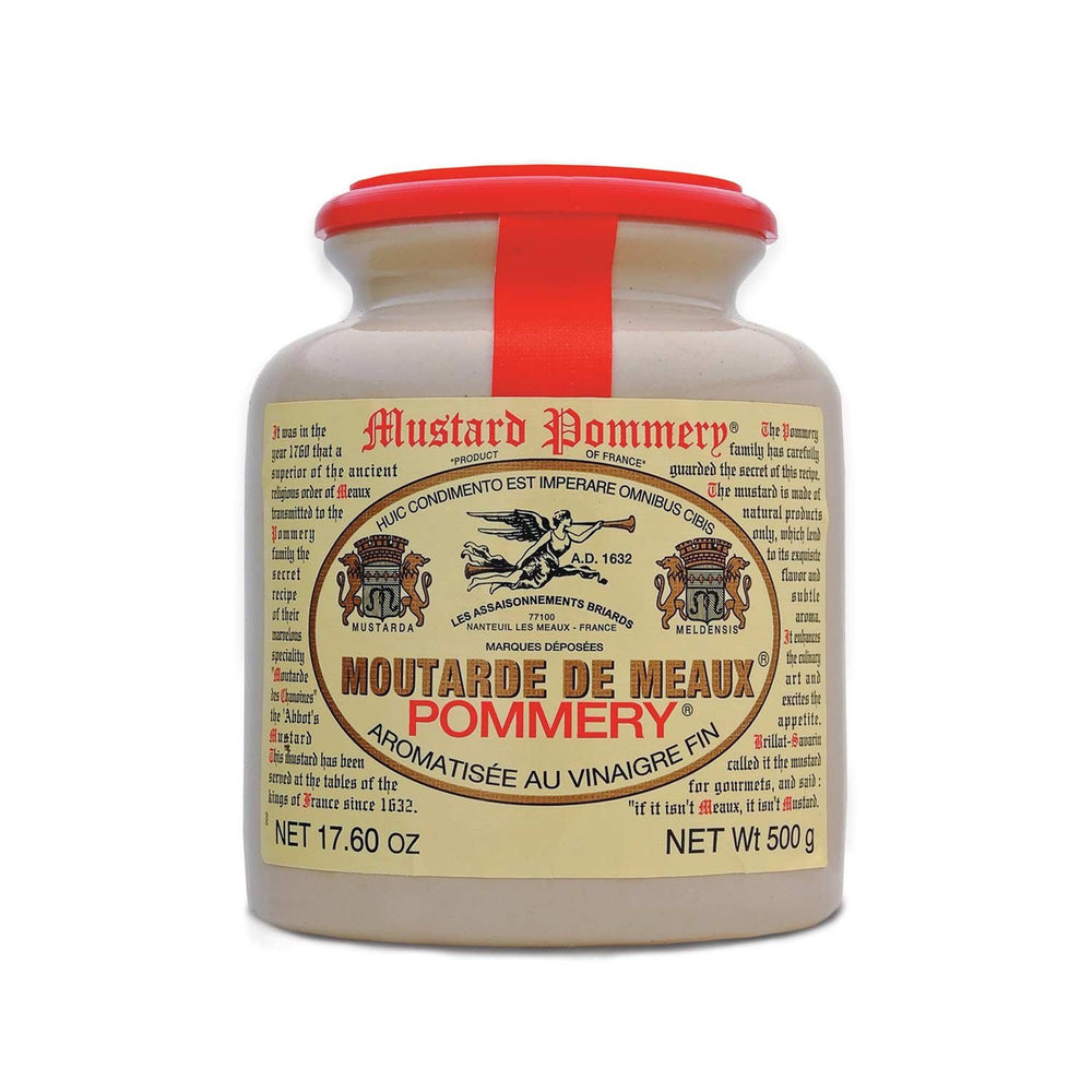 CA Pommery Meaux Mustard stone jar highlights smooth whole-grain texture for bold flavor