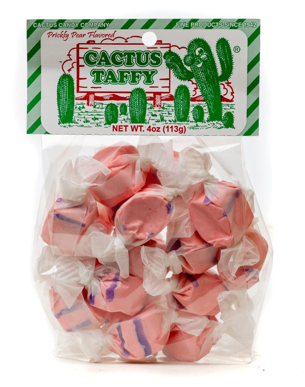 Cactus Candy Company prickly pear taffy in a bright green bag, ideal on-the-go treat.