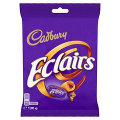Cadbury Chocolate Eclairs 130g bag open, inviting chewy toffee center and shareable aroma for breaks