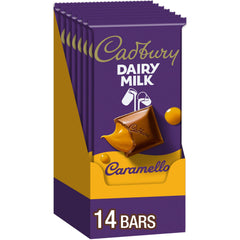 Cadbury Dairy Milk Caramello bar close-up, creamy caramel center, ideal office snack.