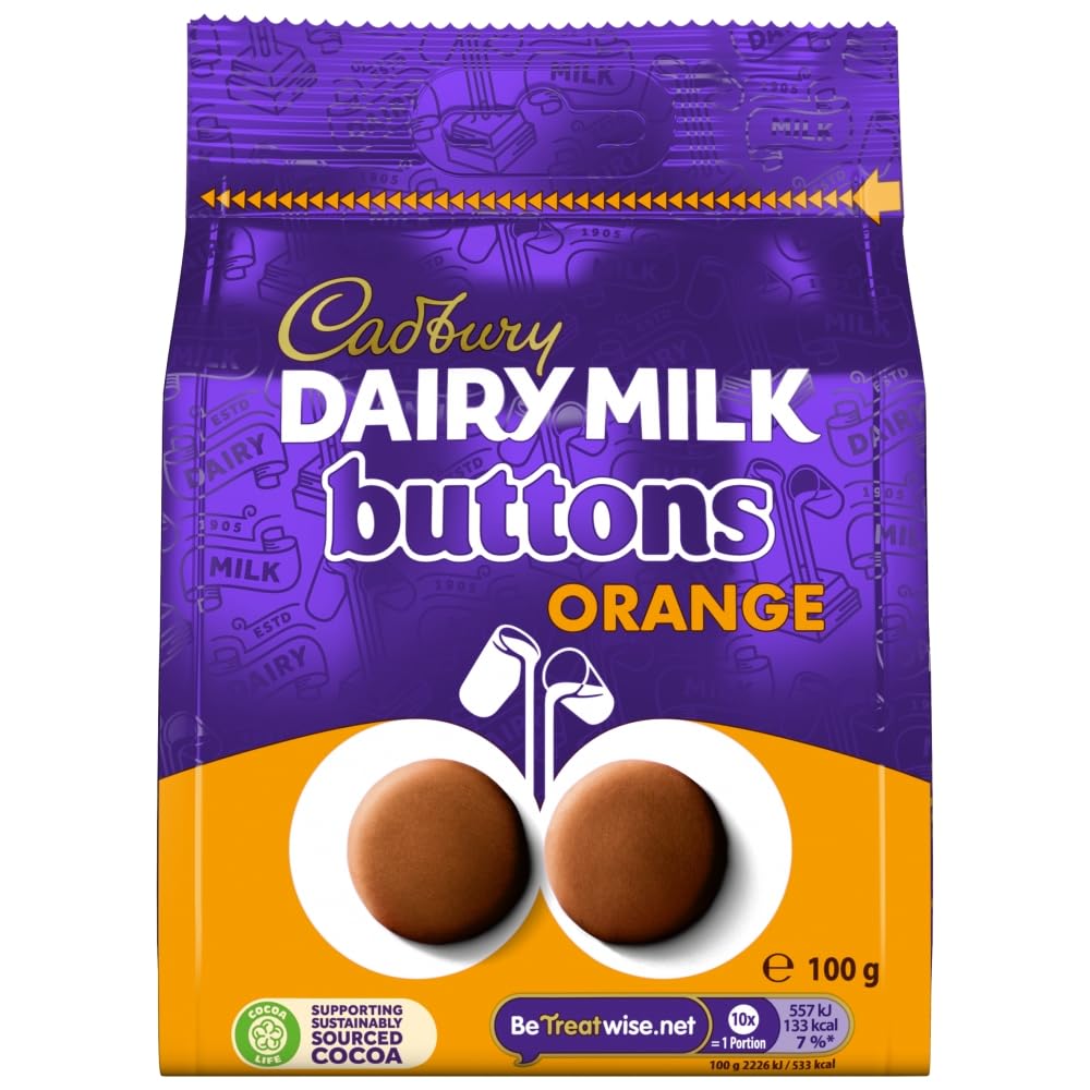 Cadbury Dairy Milk Orange Giant Buttons in a 100 g bag, perfect for sharing and snacking