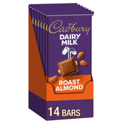 Cadbury Dairy Milk Roast Almond Bars packaging image showing bulk case for gifting or stocking pantry.