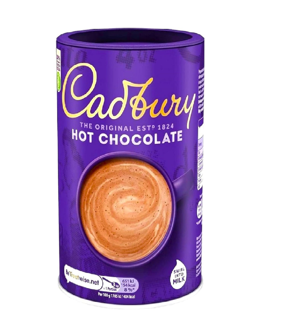 Cadbury Drinking Chocolate tub front, ideal for a cozy night drink.