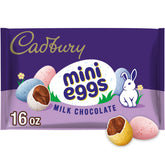 Cadbury Mini Eggs milk chocolate with crisp sugar shell bag for Easter snacking.