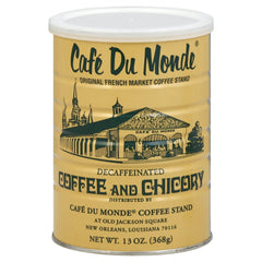 Cafe Du Monde decaf coffee and chicory cup with rich aroma for anytime enjoyment.