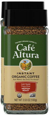 Cafe Altura freeze-dried instant coffee jar highlights freshness and quick brewing.
