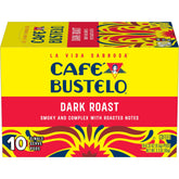 Cafe Bustelo dark roast pods front packaging ready for bold coffee