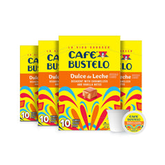 Café Bustelo Dulce de Leche pods in boxes, ideal for quick single-serve mornings.