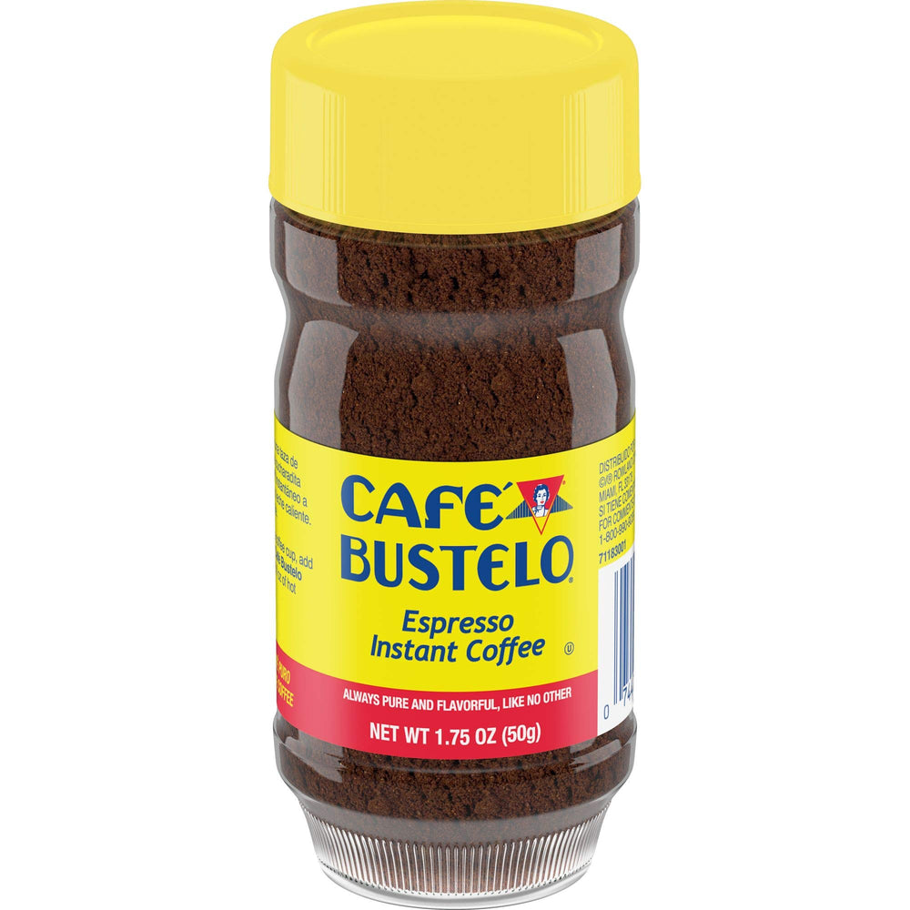 Café Bustelo espresso-style instant coffee jar delivers bold flavor in a convenient container.