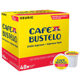 Cafe Bustelo Espresso Roast K-Cup packs front label highlighting bold aroma for morning espresso