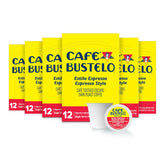 Cafe Bustelo Espresso Style Dark Roast K-Cup pods in boxes, bold coffee ready to brew.