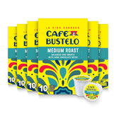 Cafe Bustelo Medium Roast pods pack six boxes front, ready for quick mornings.