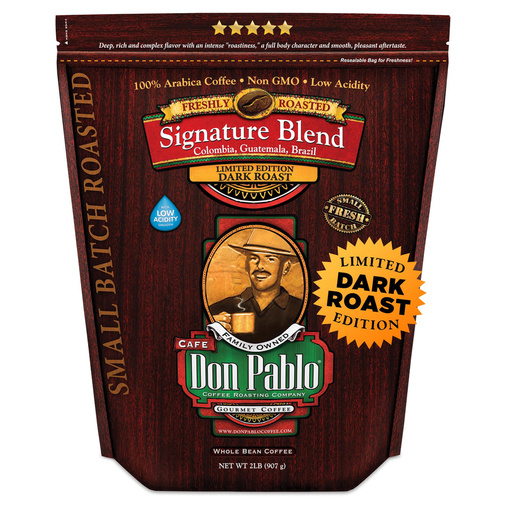Cafe Don Pablo Signature Blend beans display rich color for a bold morning brew.