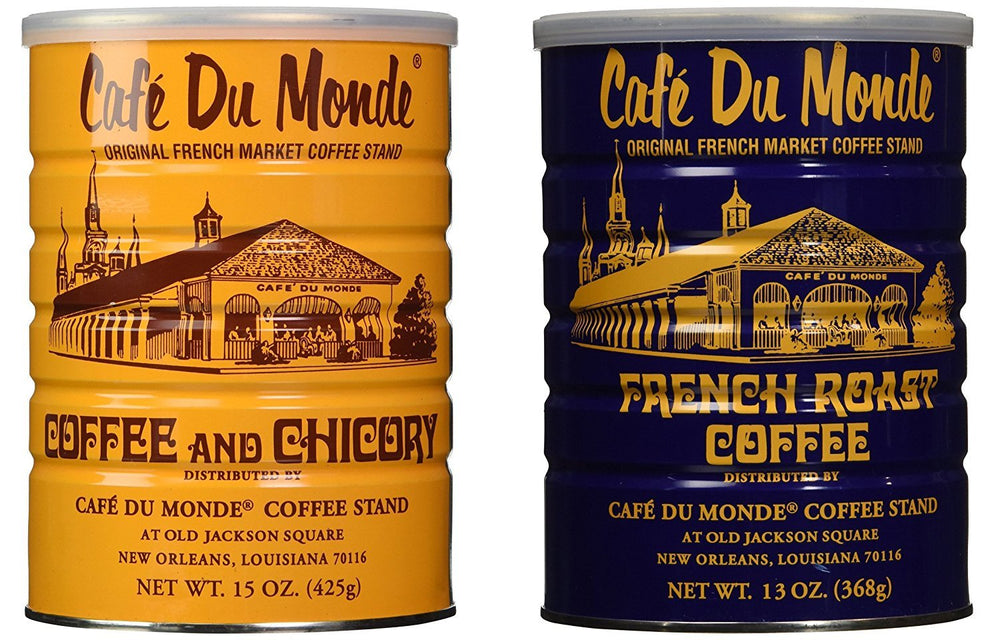 Cafe Du Monde original chicory coffee can in a two-can bundle on a kitchen counter.