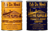 Cafe Du Monde original chicory coffee can in a two-can bundle on a kitchen counter.