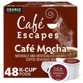 Cafe Escapes Cafe Mocha pod box shows two recyclable boxes for quick, convenient coffee moments