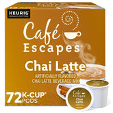 Café Escapes Chai Latte Keurig pod close-up showing rich spices and milk sweetness for quick indulgence.