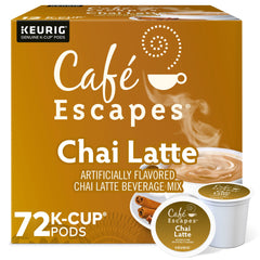 Café Escapes Chai Latte Keurig pod close-up showing rich spices and milk sweetness for quick indulgence.