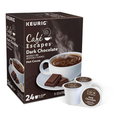 Cafe Escapes hot cocoa cups ready for Keurig brews with rich flavor.