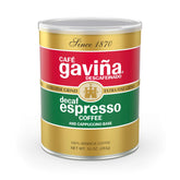Café Gaviña decaf espresso roast can close-up, bold aroma without caffeine.