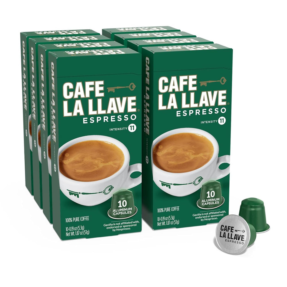 Cafe La Llave dark roast espresso pod pack shows bold aroma and freshness.