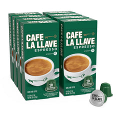 Cafe La Llave dark roast espresso pod pack shows bold aroma and freshness.