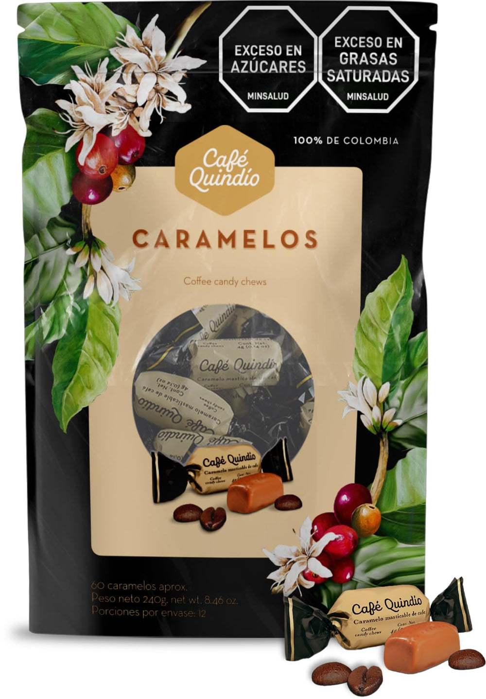Cafe Quindio chewy coffee caramels packaging ready for gifting.