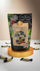 Cafe Quindio 8.5 oz bag showing sixty caramels for snacking.