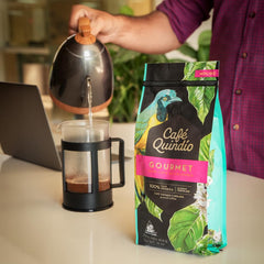 Cafe Quindio gourmet coffee packaging on display for premium experience